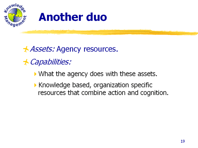 Another duo: Assets - agency resources. Capabilities - what the agency does with these assets or knowledge based, organization specific resources that combine action and cognition.