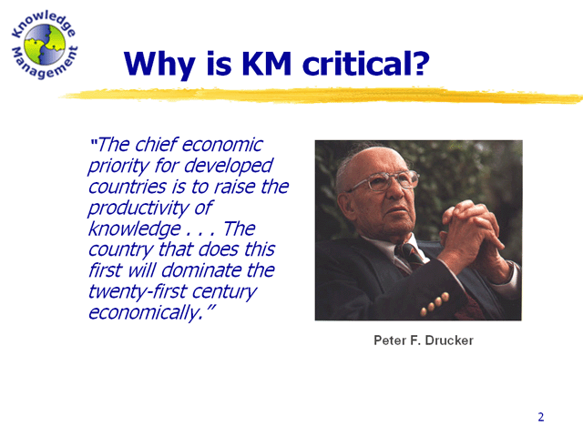 Peter Drucker said that the chief economic proirity for developed countries is to raise the productivity of knowledge. The first country to do this will dominate the 21st century.