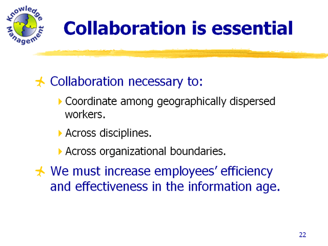 Collaboration is essential to coordinate among geographically dispersed workers, across disciplines, and across organizational boundaries. We must increase employees' efficiency and effectiveness in the information age.
