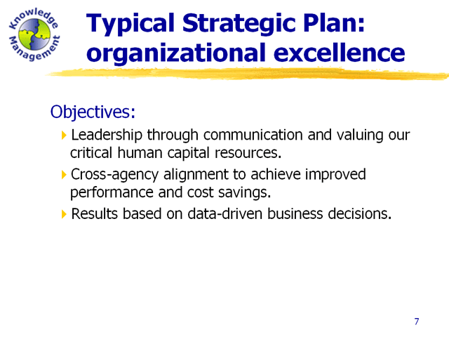 The objectives of the agency strategic plan are leadership through communications and valuing critical human capital resources; cross-agency alignment to achieve improved performance and cost savings; and achieve results based on data-driven business decisions.